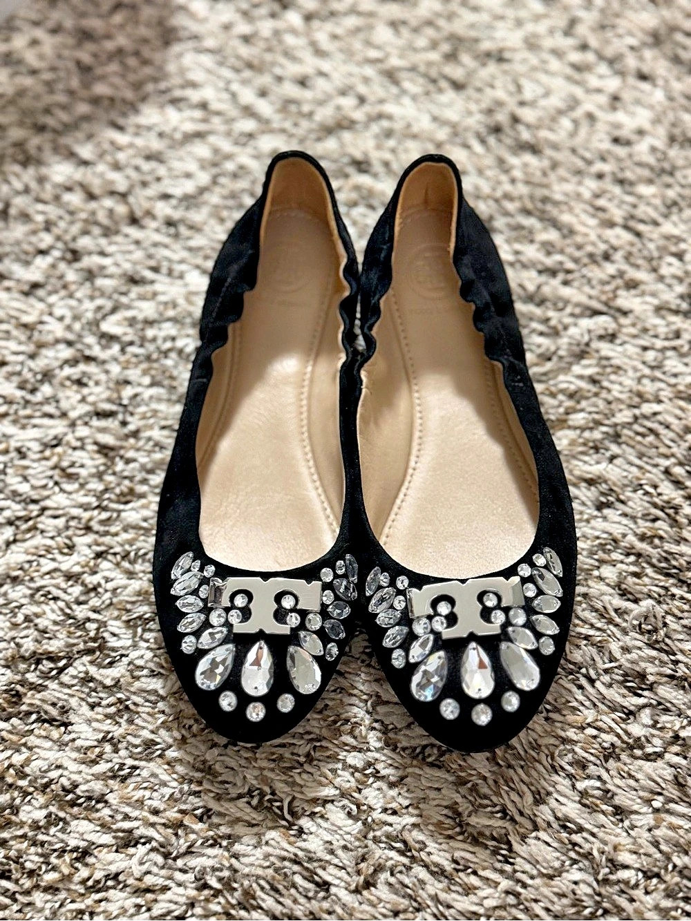 Tory Burch DELPHINE Black Suede Ballet Flats T-Logo Crystals Sz 6.5